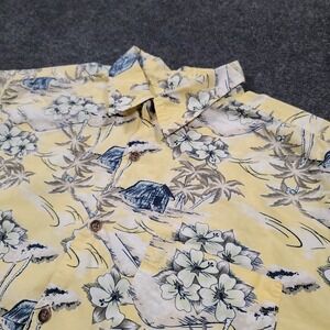 Old Navy Men Hawaiian Shirt Large Yellow Floral Tropical Button Front Cotton‎